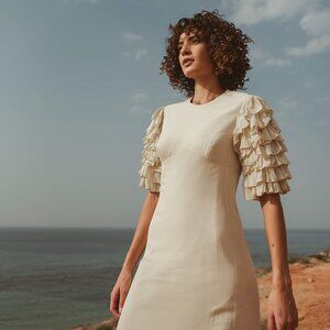 Vintage 70s Womens Wedding Dress Maxi Ruffle Tiered Sleeve Round Neck in Beige